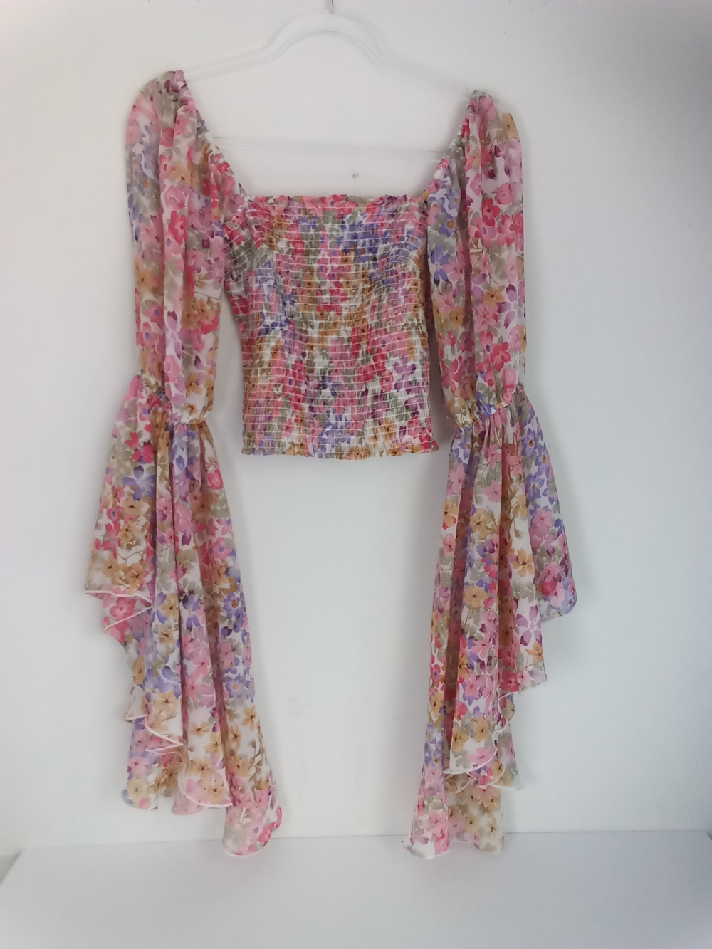 Live 4 Truth Pink Multi Floral Smocked Crop Top  Dramatic Butterfly Bell Sleeves